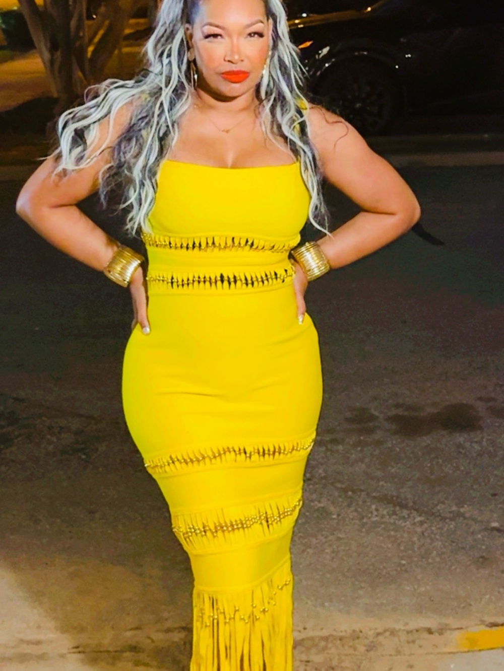 Bold Yellow Fringe Maxi Dress - Women's Evening Bodycon